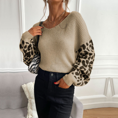 Womens V Neck Sweater With Leopard Print Sleeves-The Friend Kloset