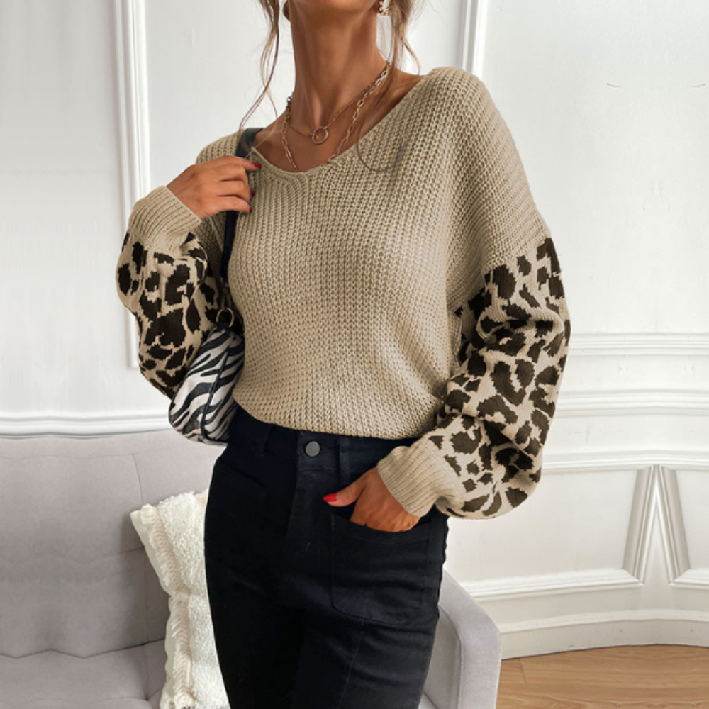 Womens V Neck Sweater With Leopard Print Sleeves-The Friend Kloset