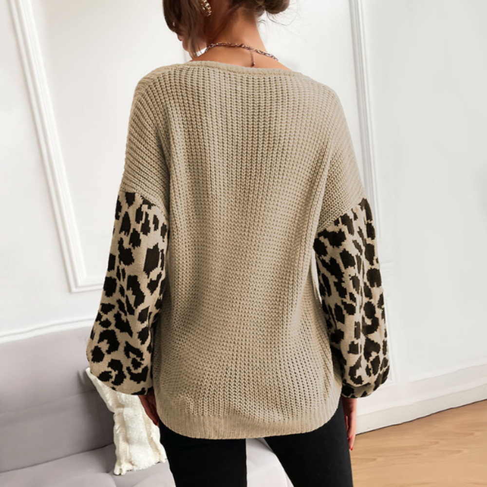Womens V Neck Sweater With Leopard Print Sleeves-The Friend Kloset