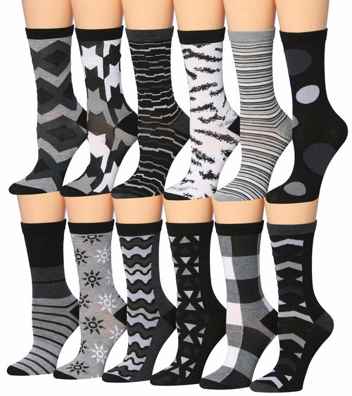 Tipi Toe Women's 12 Pairs Colorful Patterned Crew Socks