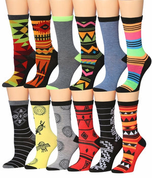 Tipi Toe Women's 12 Pairs Colorful Patterned Crew Socks