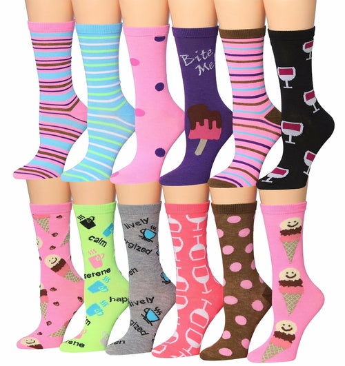 Tipi Toe Women's 12 Pairs Colorful Patterned Crew Socks