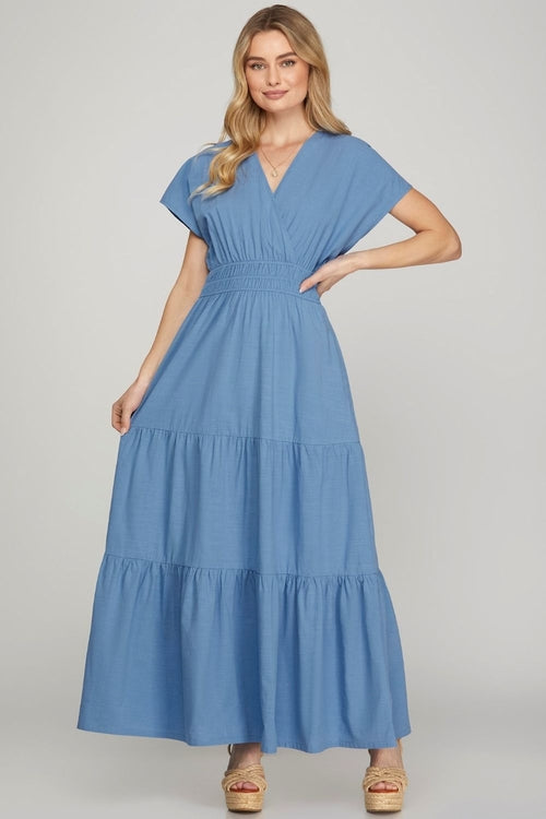 She + Sky Surplice Short Sleeve Tiered Maxi Dress With Pockets