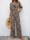 Perfee Tied Leopard Half Sleeve Jumpsuit