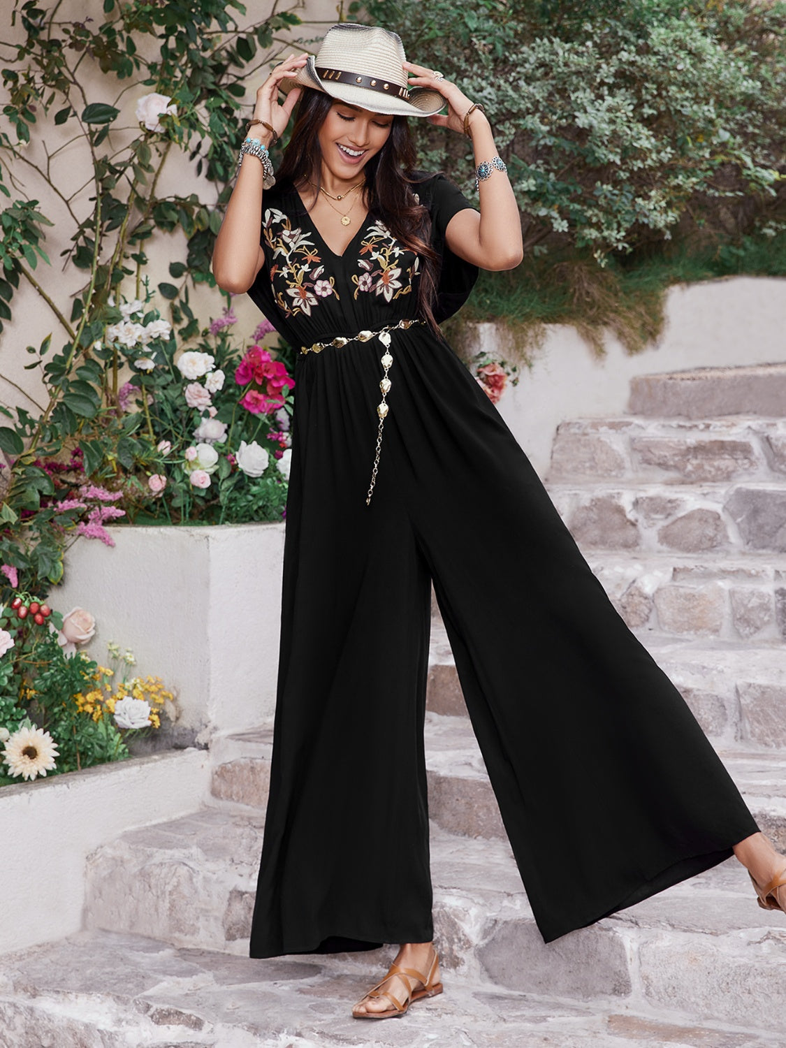 Embroidered Ruched Short Sleeve Jumpsuit