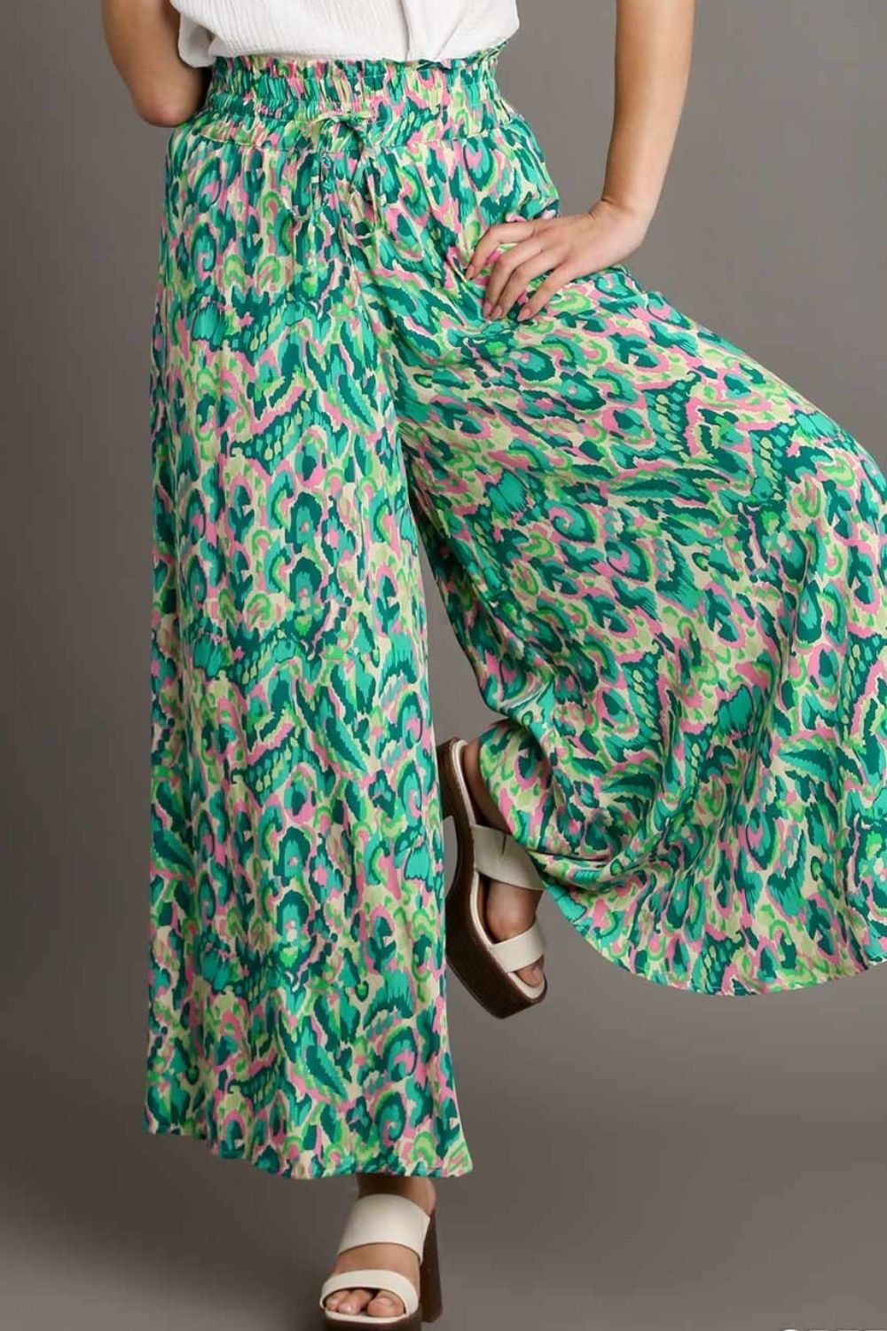 Umgee Full Size Mixed Print High Waist Wide Leg Pants Plus Size