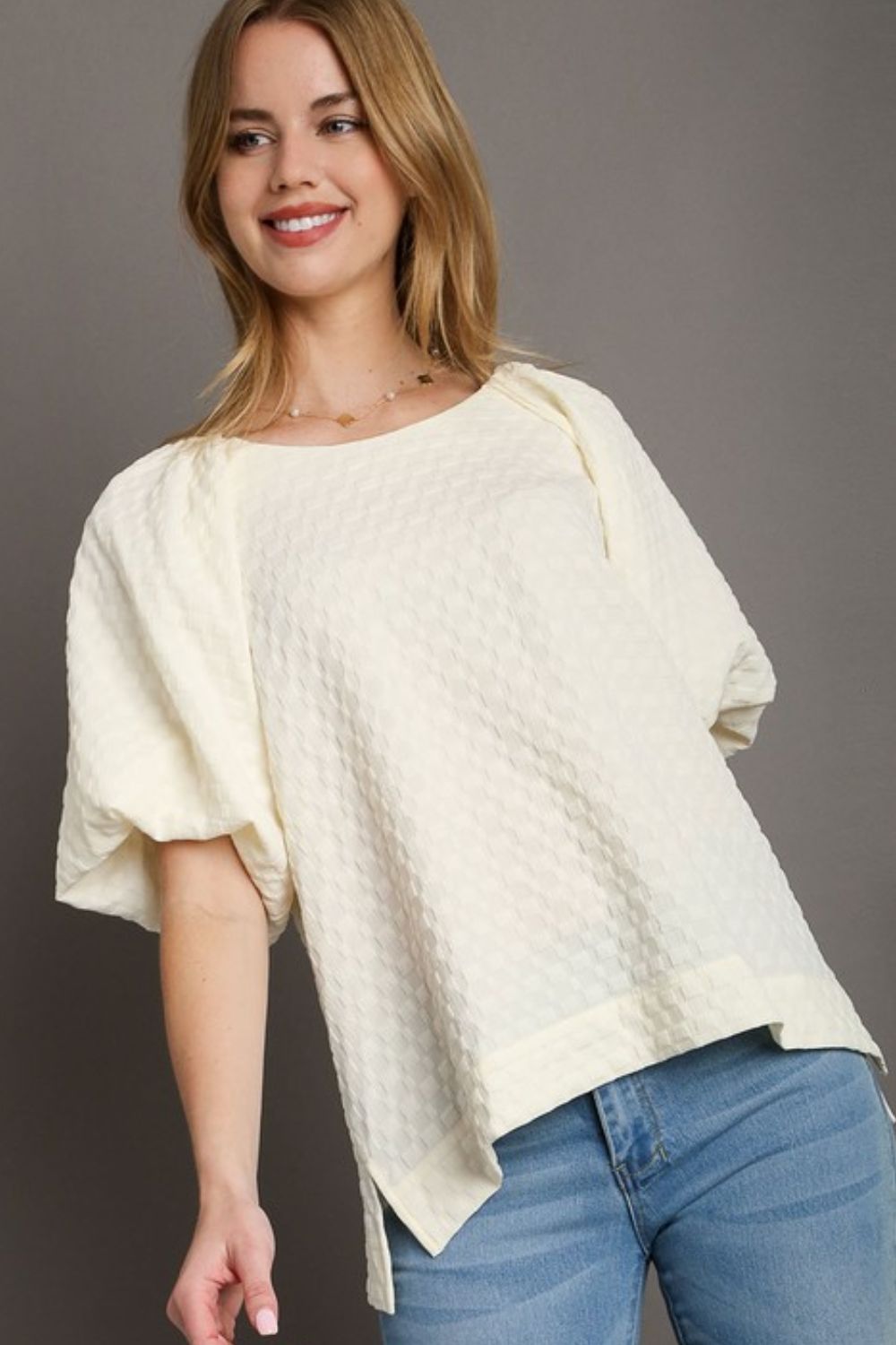 Umgee Full Size Boxy Cut Jacquard Round Neck Top with Side Slit Plus