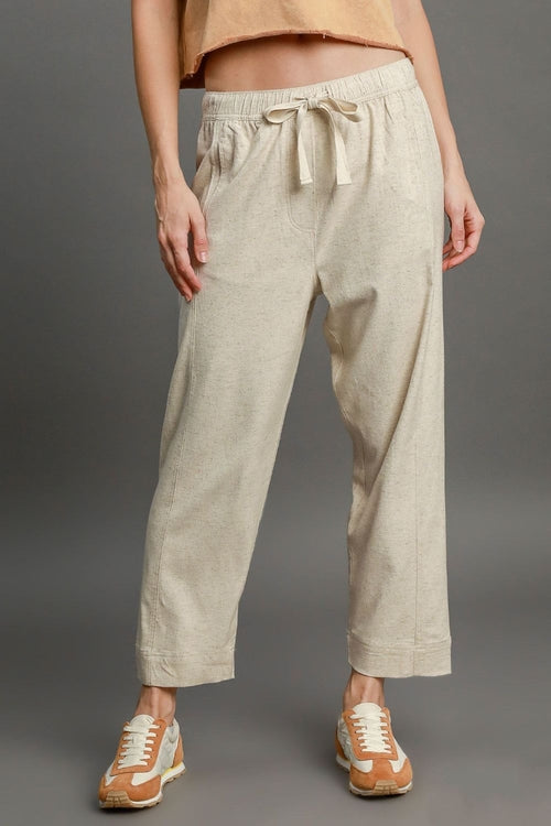 Umgee Full Size Drawstring Elastic Waistband Linen Blend Pants Plus