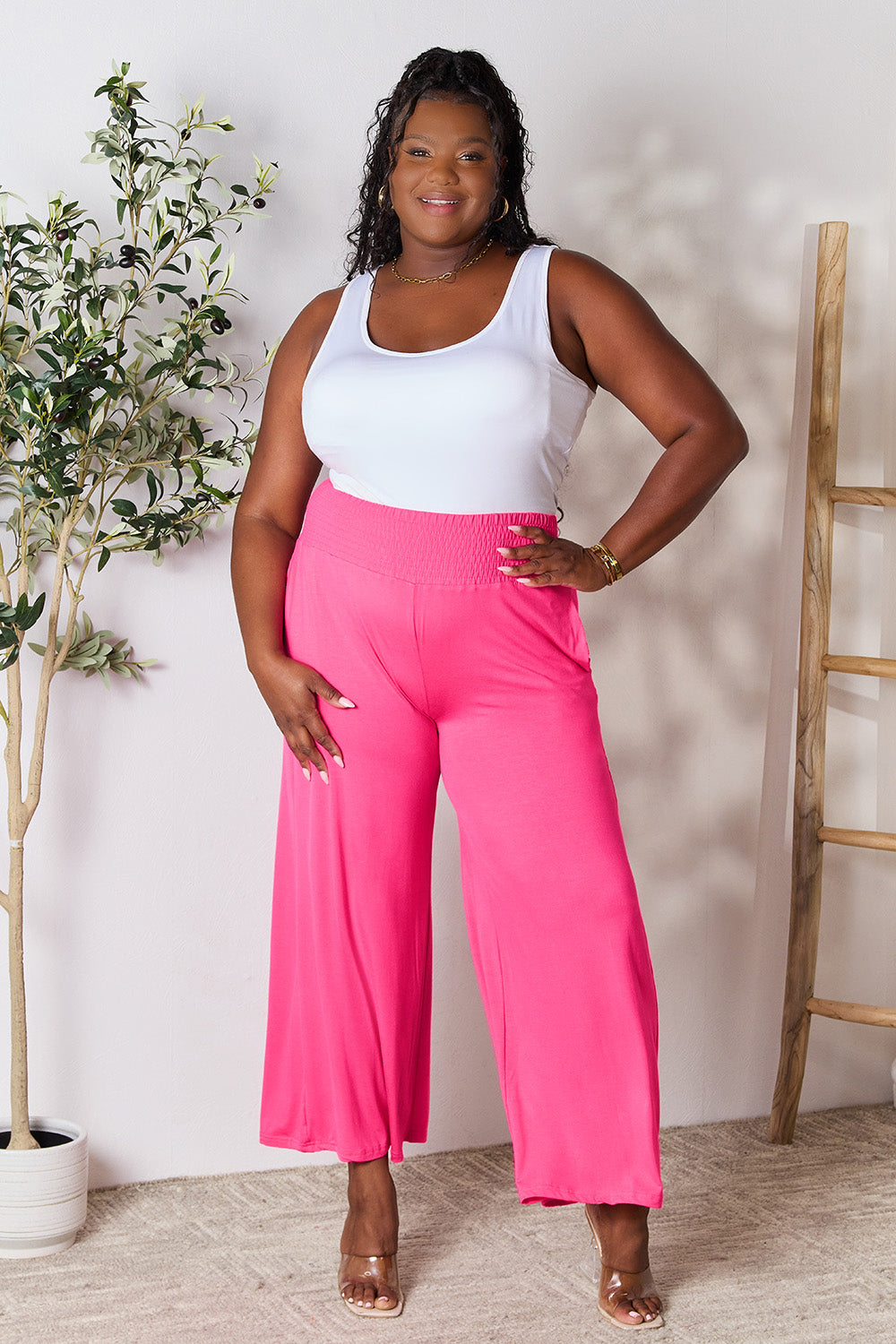 Basic Bae Full Size Smocked with Wide Waistband & Wide Leg Pants