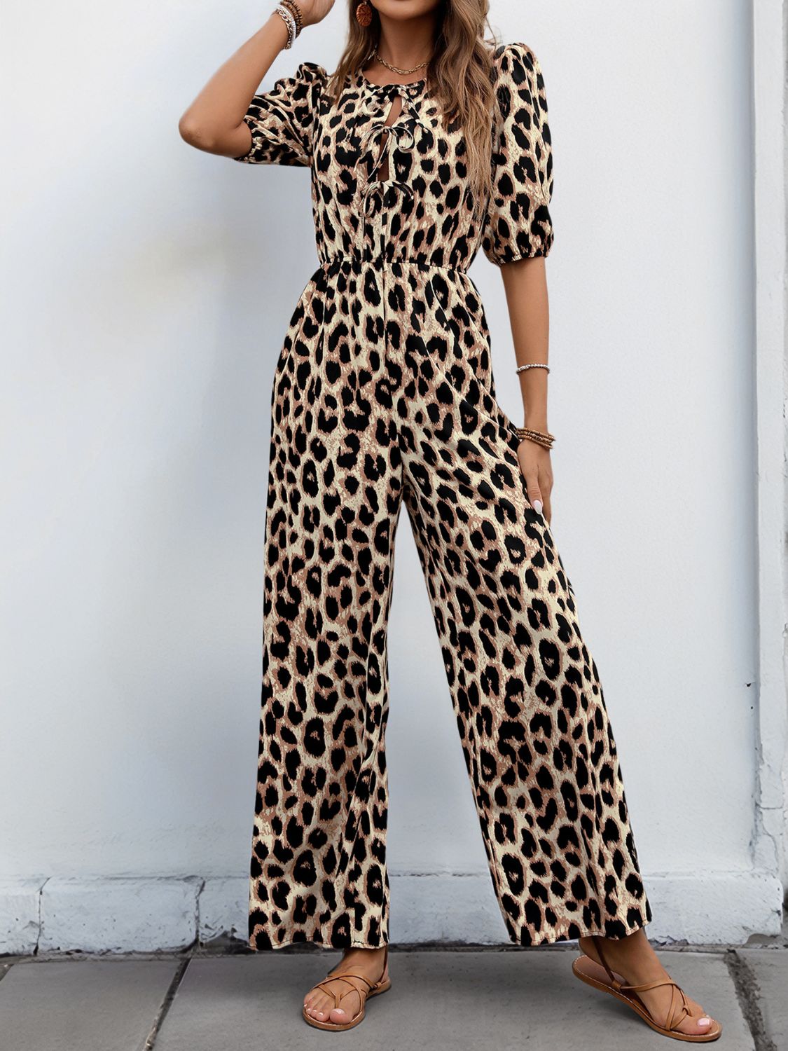 Perfee Tied Leopard Half Sleeve Jumpsuit