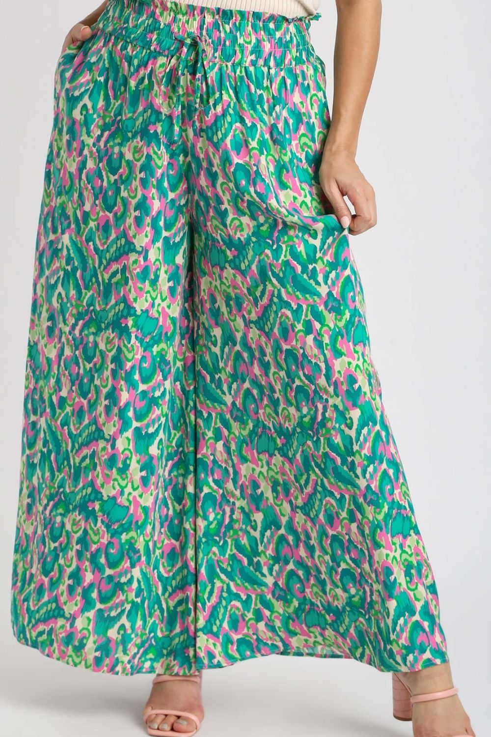 Umgee Full Size Mixed Print High Waist Wide Leg Pants Plus Size