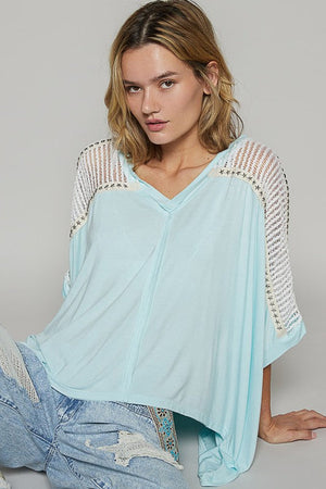 POL Oversize V-Neck Crochet Lace Contrast Studded Top