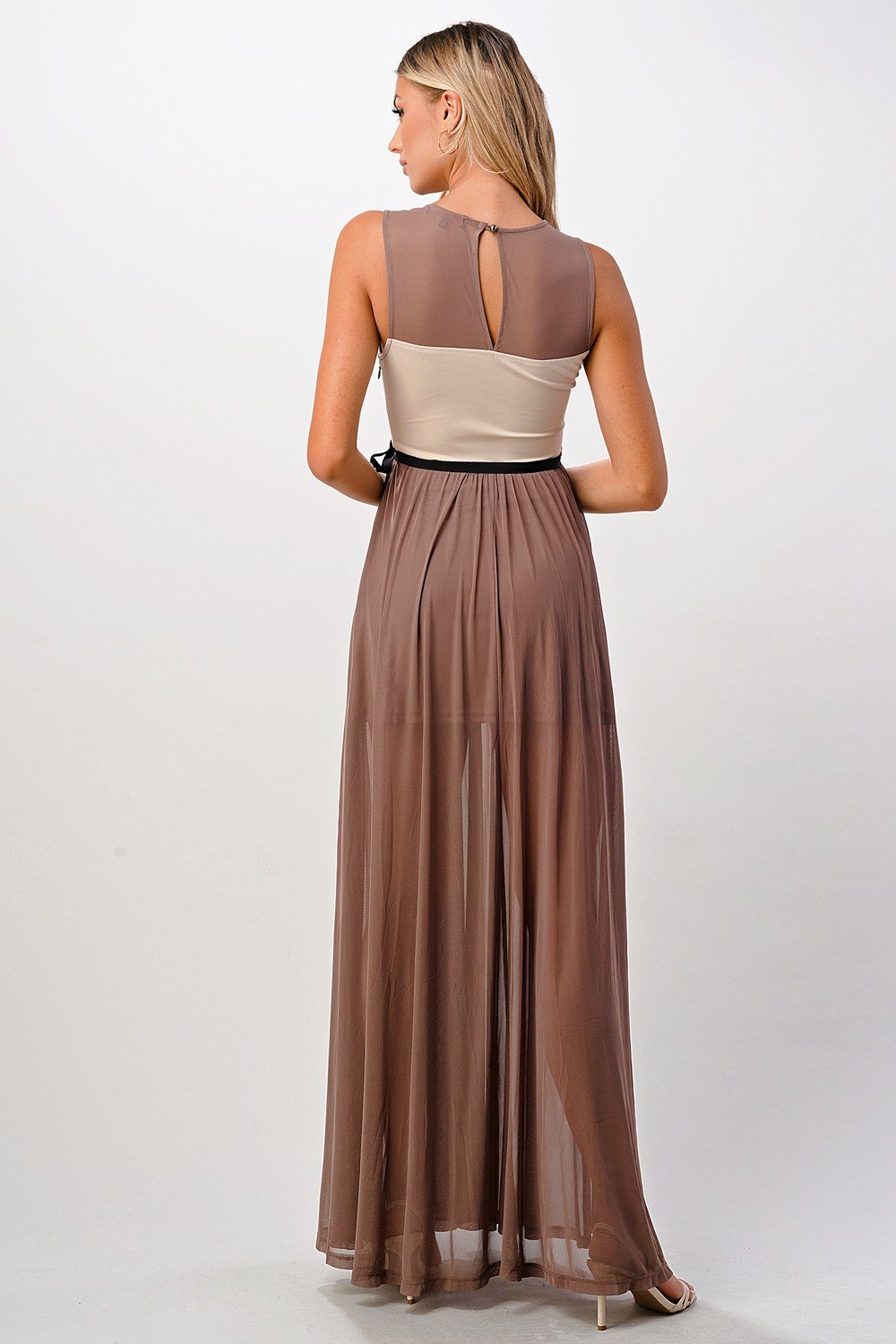 Elegant Sheer Maxi Dress with Lace Bodice and Flowing Skirt