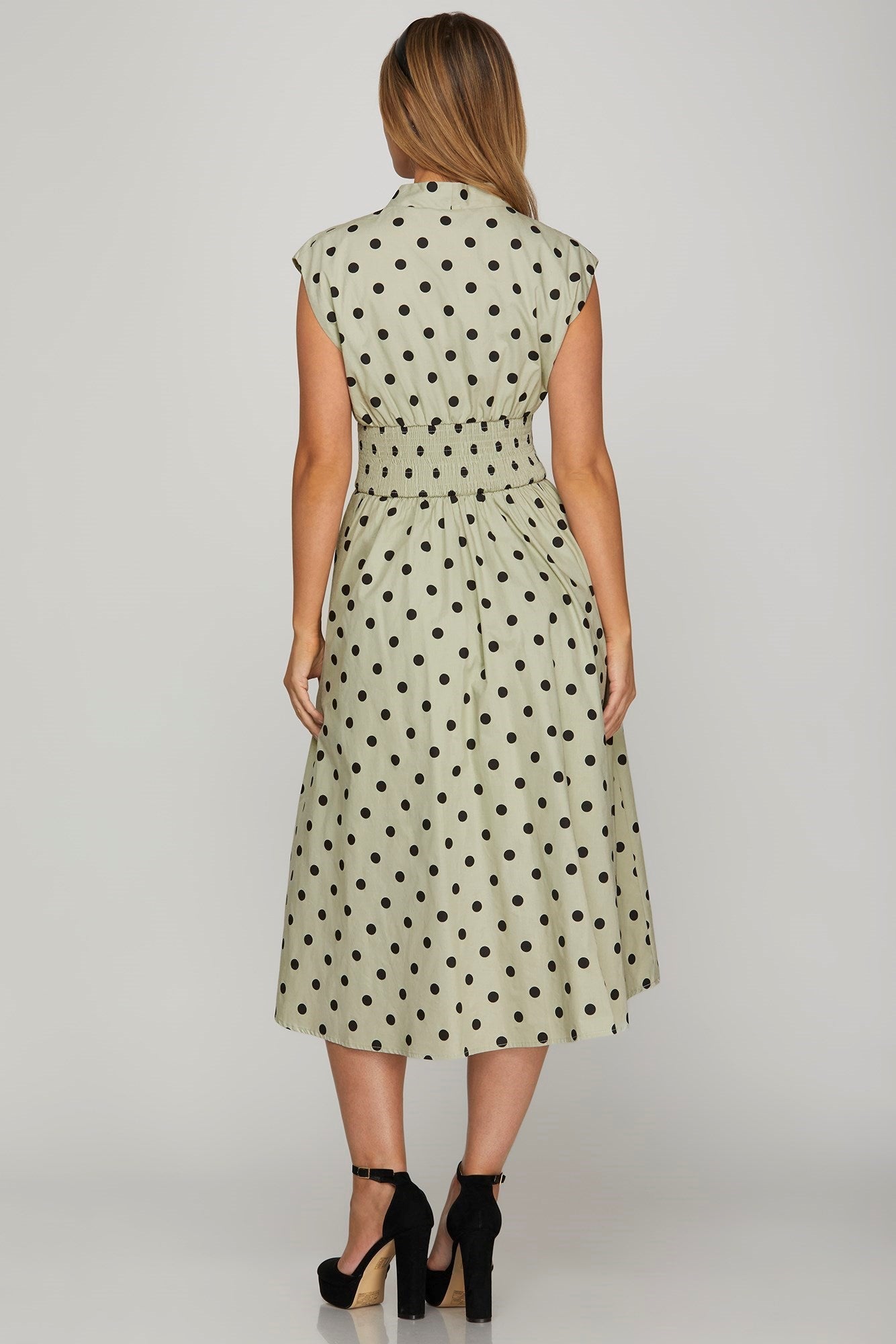 She + Sky Front Zip Polka Dots Cap Sleeve Midi Dress