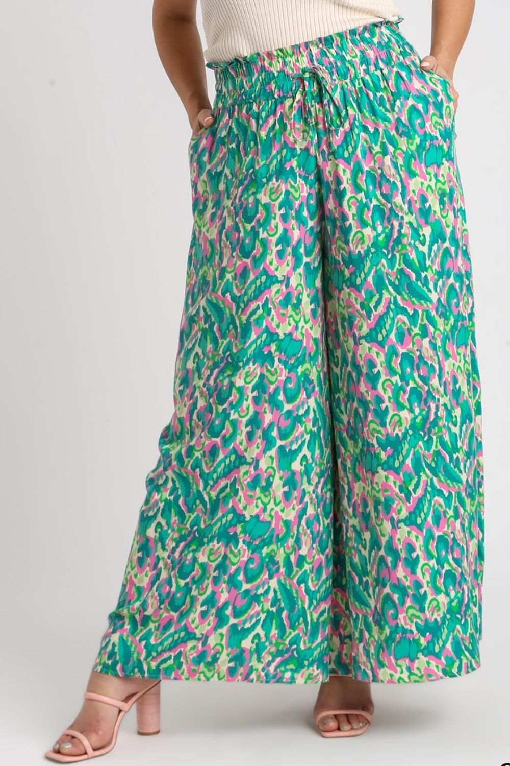 Umgee Full Size Mixed Print High Waist Wide Leg Pants Plus Size