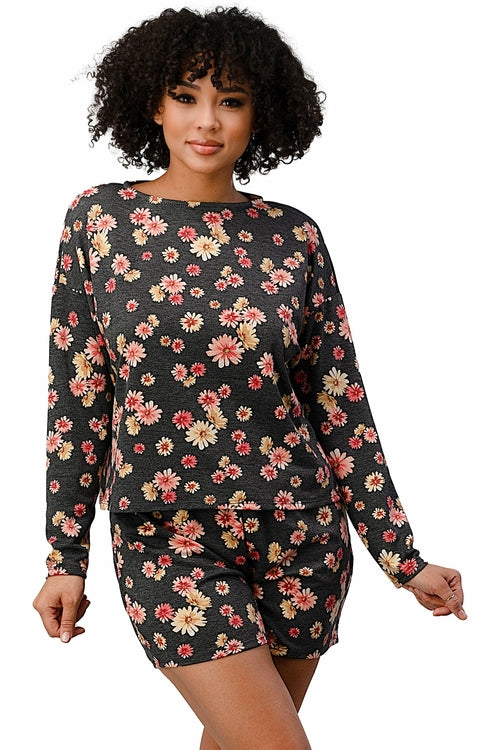 Floral Lounge Set - Comfy Long Sleeve Top and Shorts