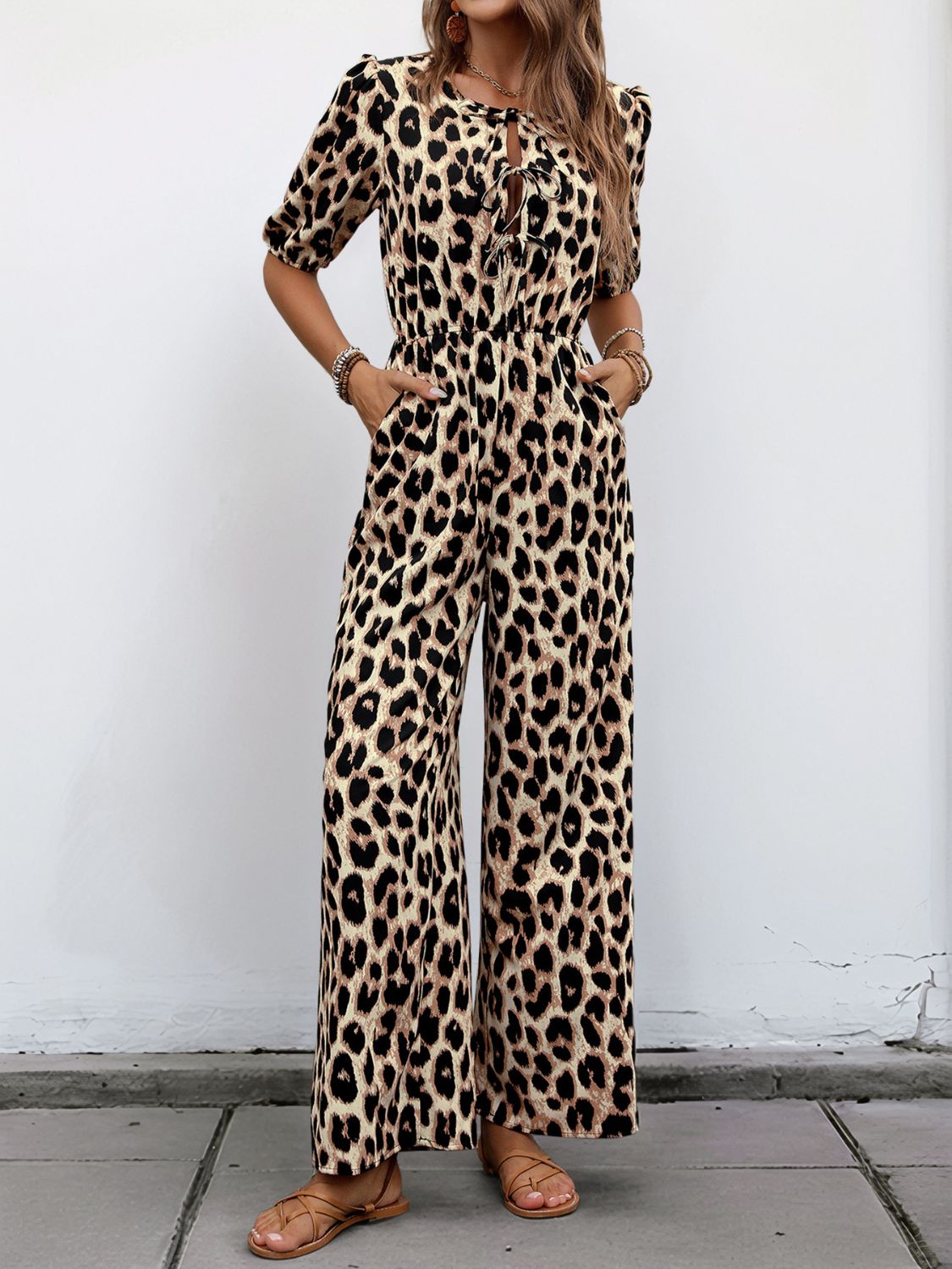 Perfee Tied Leopard Half Sleeve Jumpsuit