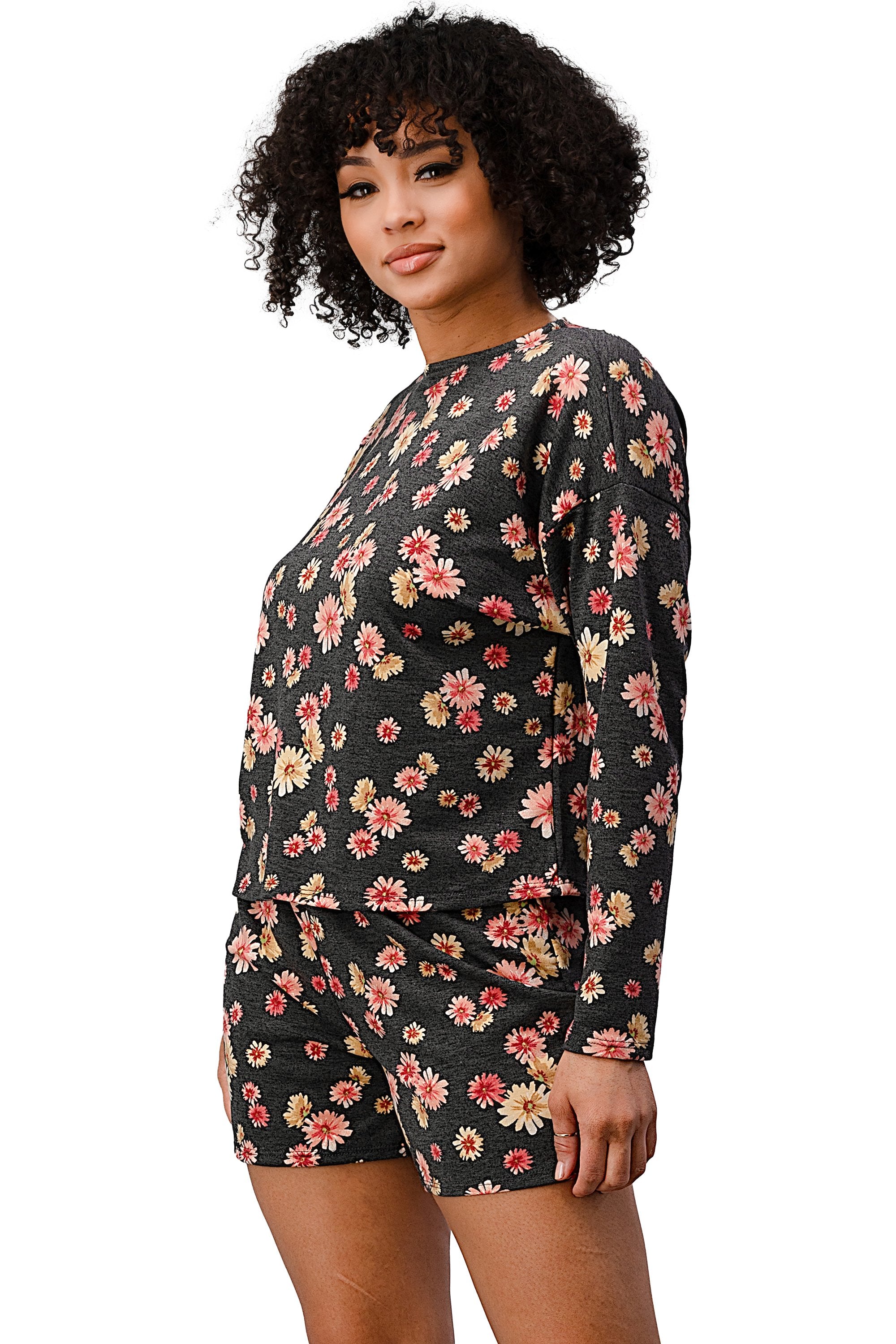 Floral Lounge Set - Comfy Long Sleeve Top and Shorts