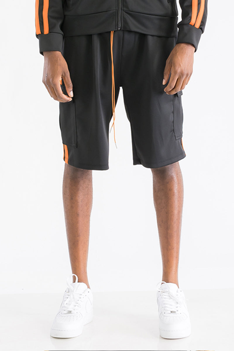 TWO STRIPE CARGO POCKET TRACK SHORTS