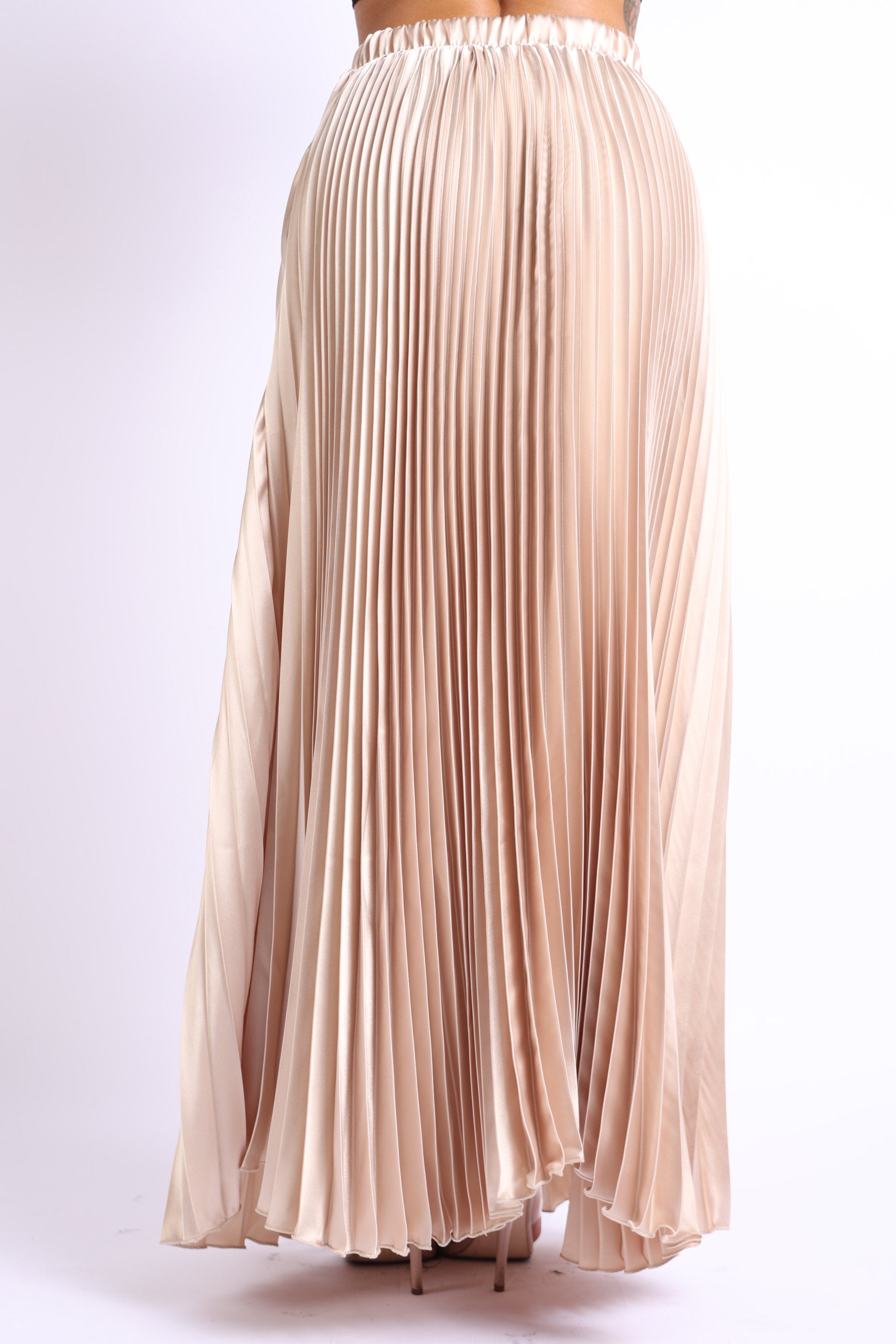 Elastic High Waist A-Line Pleated Satin Maxi Skirt Formal Prom TAUPE