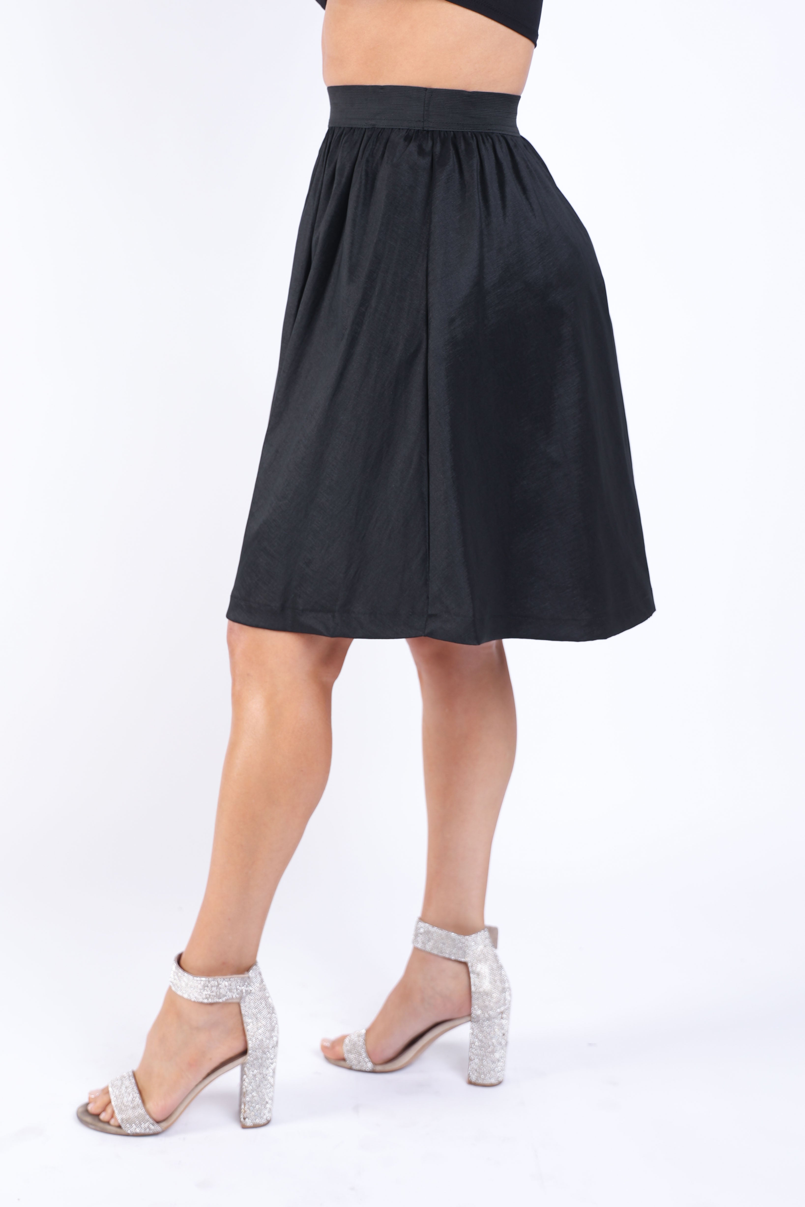 Casual Elastic High Waist Pleated Midi Flare Black Skirt