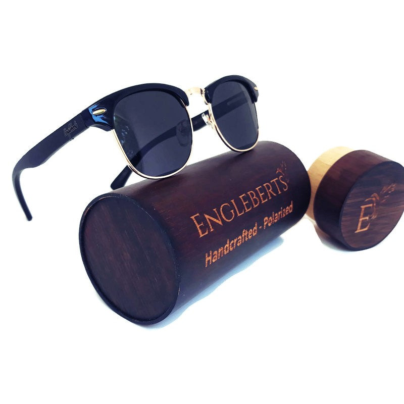 Midnight Black Bamboo Club Sunglasses with Case