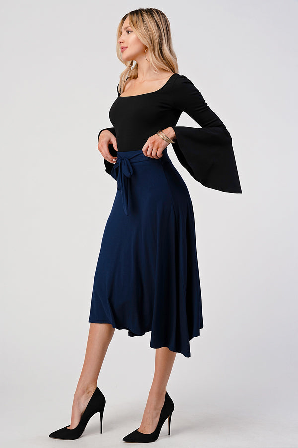 Solid, High Waist Midi Skirt with Waist Tie