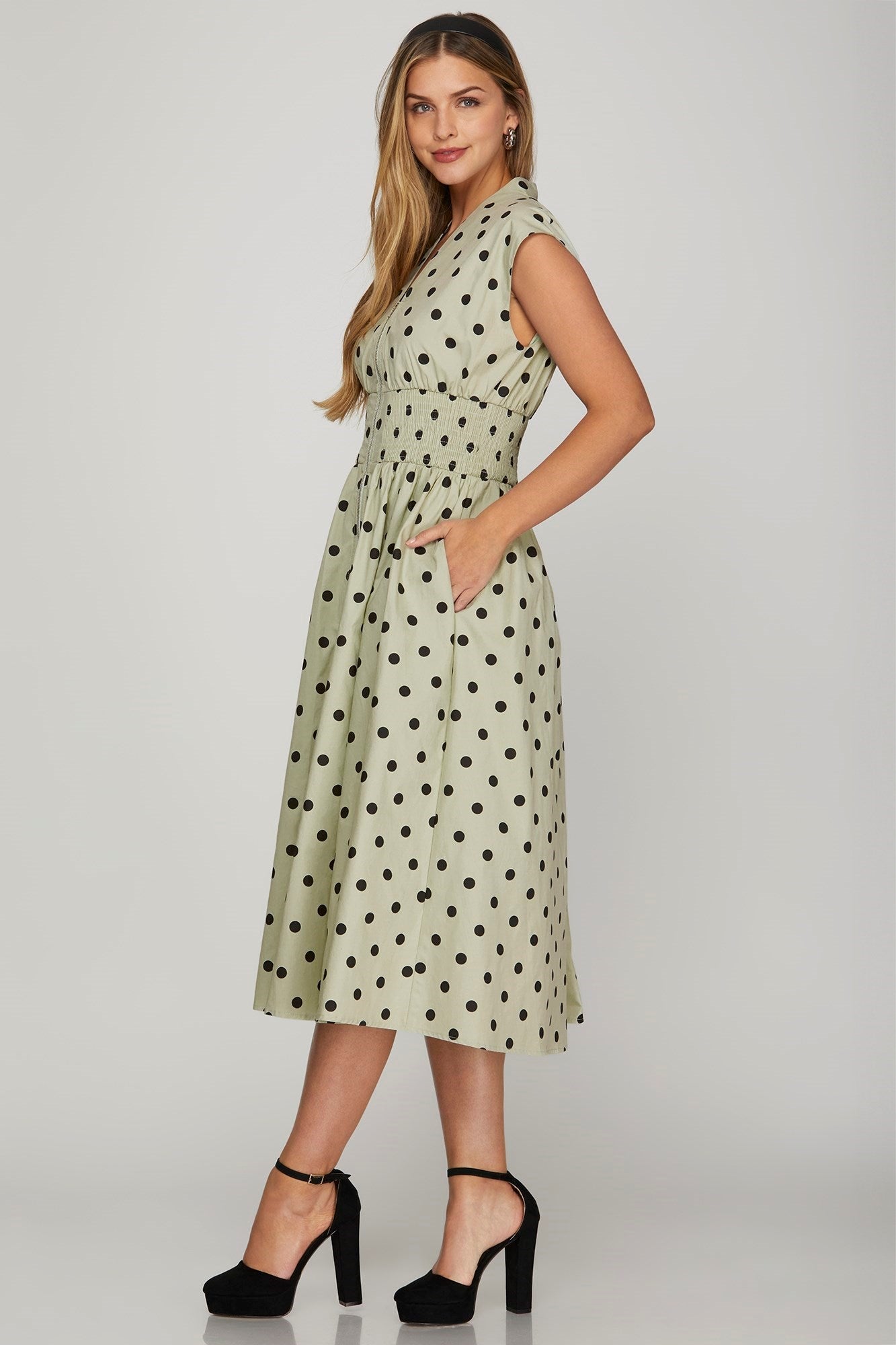 She + Sky Front Zip Polka Dots Cap Sleeve Midi Dress