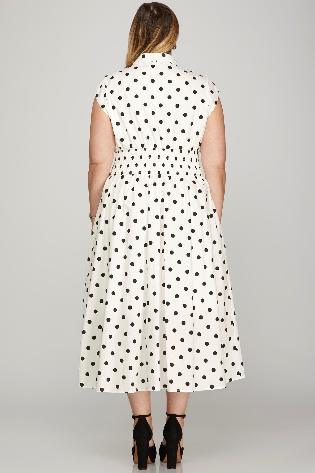 She + Sky Front Zip Polka Dots Cap Sleeve Midi Dress