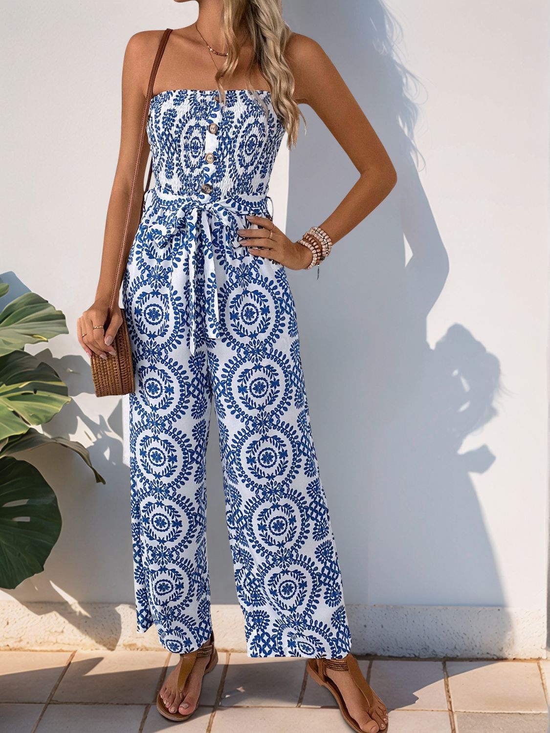 Perfee Smocked Tube Wide Leg Jumpsuit