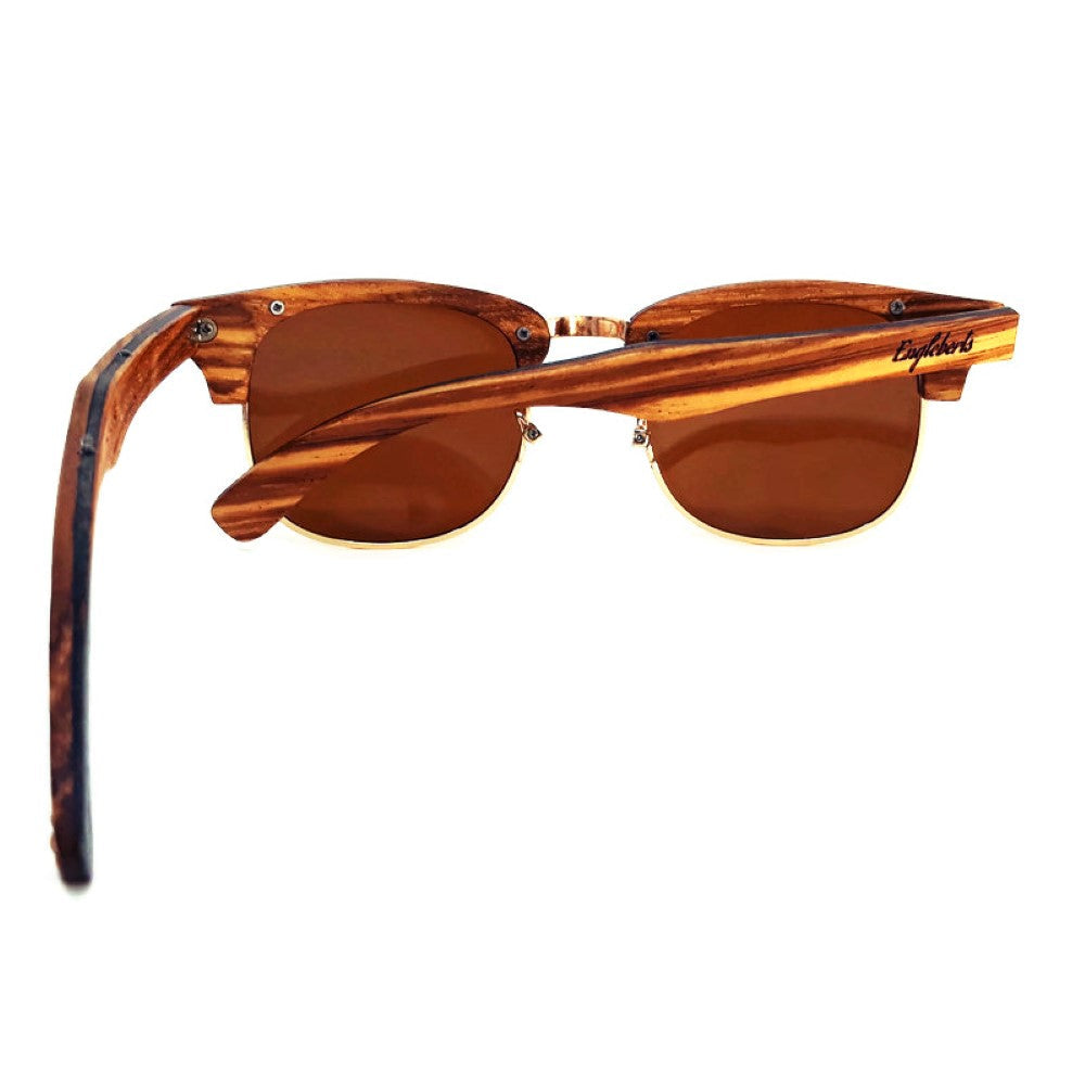 Full Wood, Half Rim Wooden Sunglasses With Bamboo Case, Tea Colored