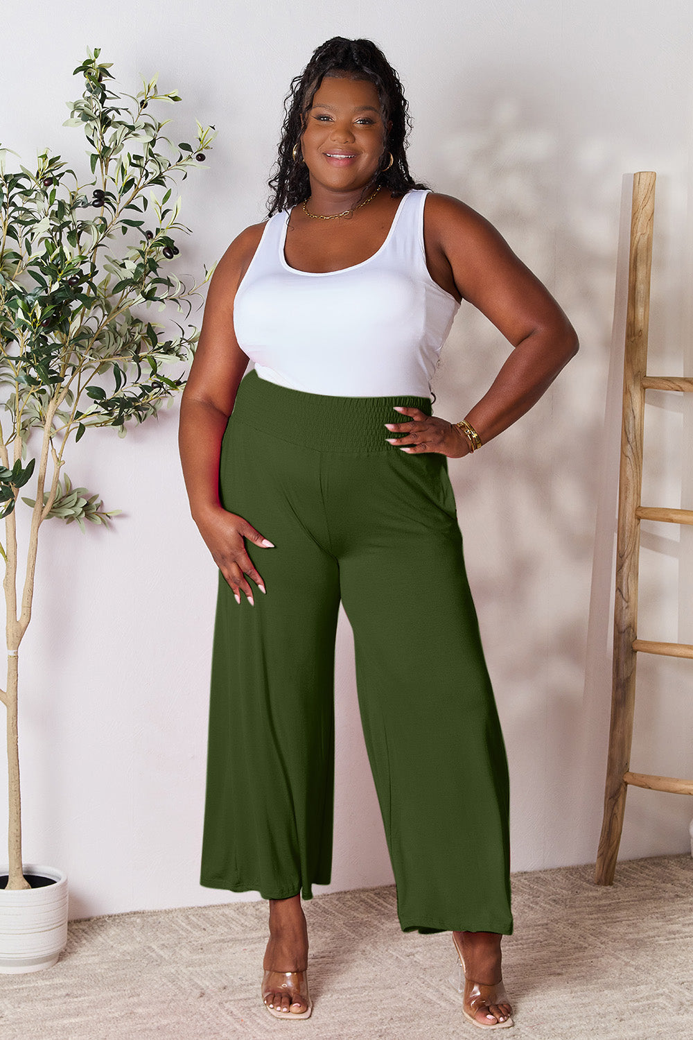 Basic Bae Full Size Smocked with Wide Waistband & Wide Leg Pants