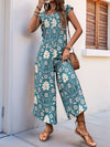 Perfee Printed Round Neck Cap Sleeve Wide Leg Jumpsuit