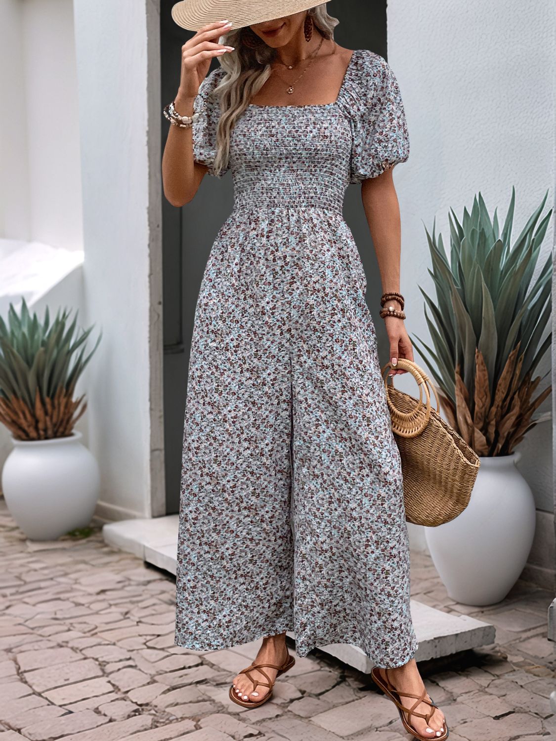 Perfee Ditsy Floral Smocked Square Neck Puff Sleeve Jumpsuit