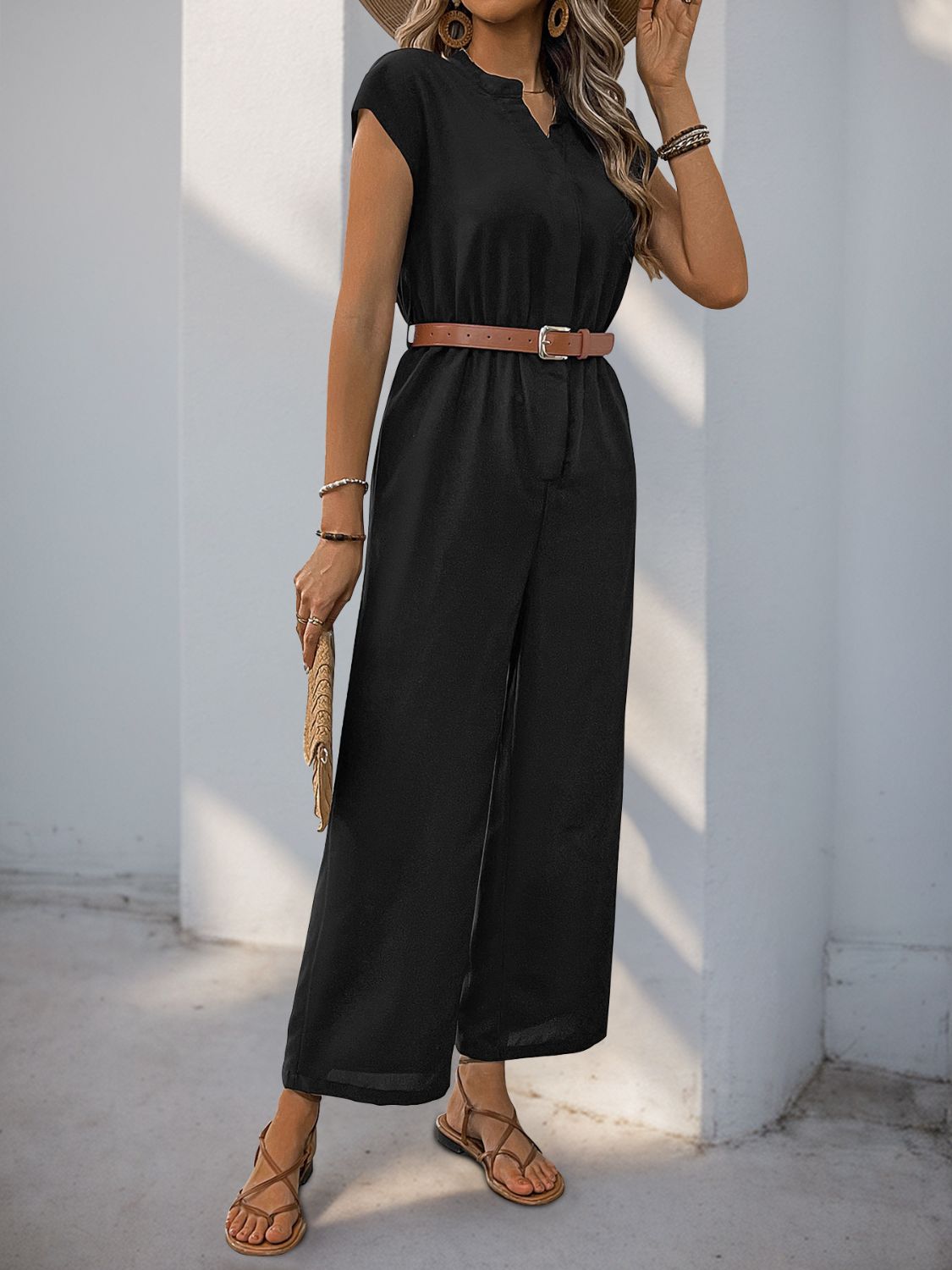 Perfee Notched Wide Leg Jumpsuit