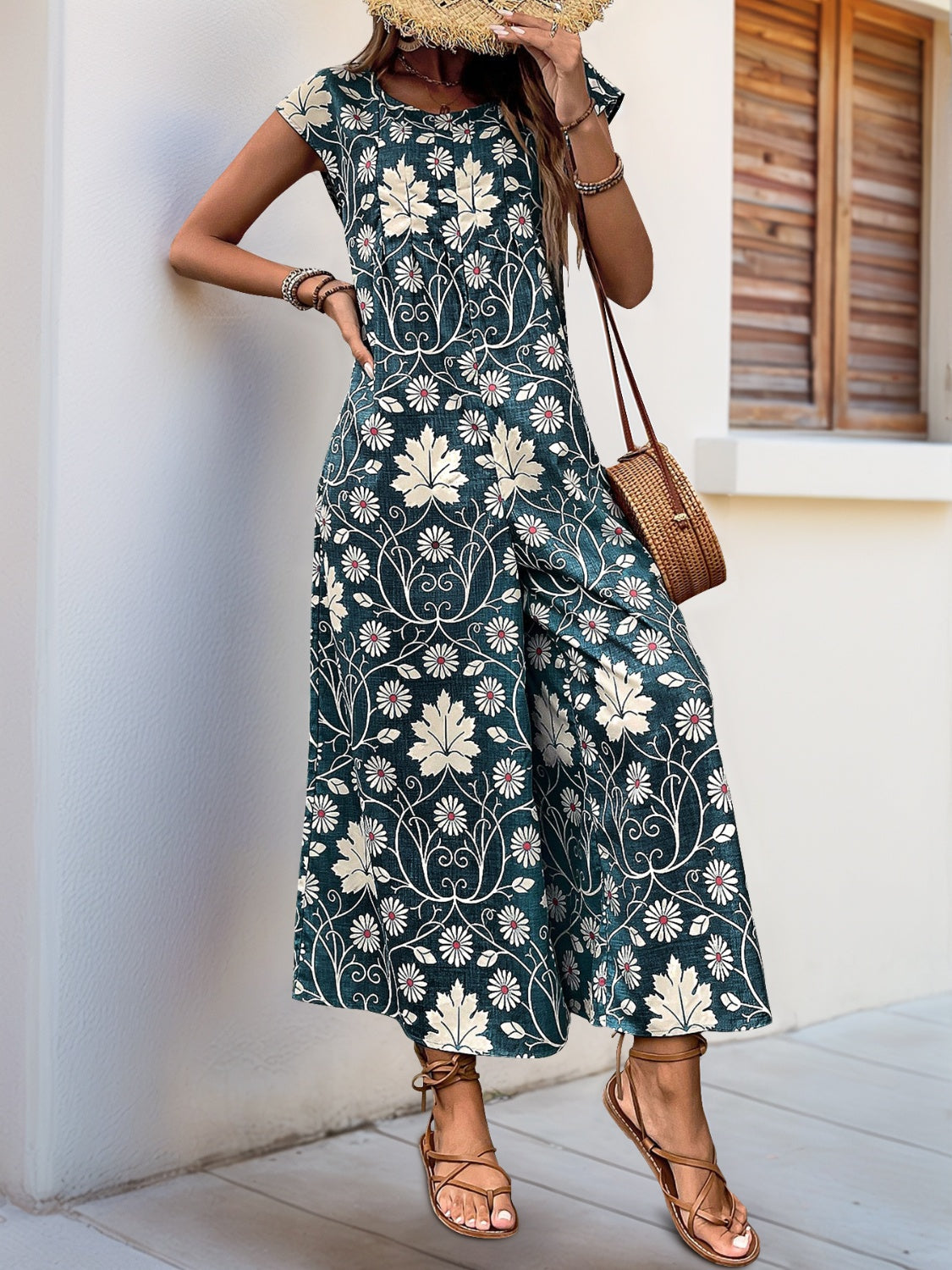 Perfee Printed Round Neck Cap Sleeve Wide Leg Jumpsuit