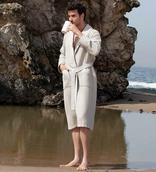 Men's Full Length Lightweight Waffle Spa Robe with Shawl Collar