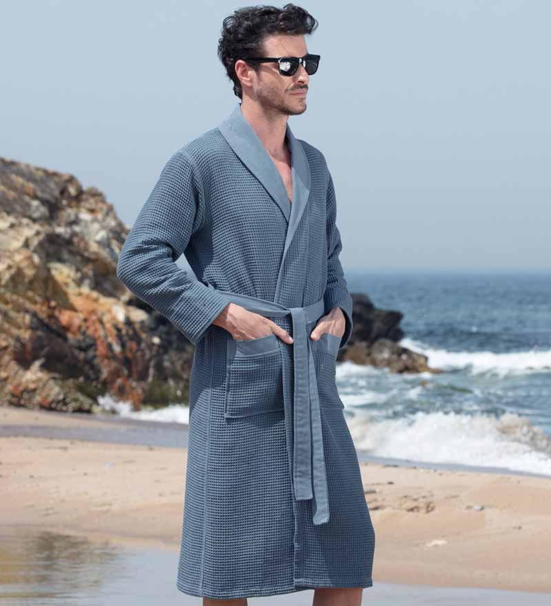 Men's Full Length Lightweight Waffle Spa Robe with Shawl Collar