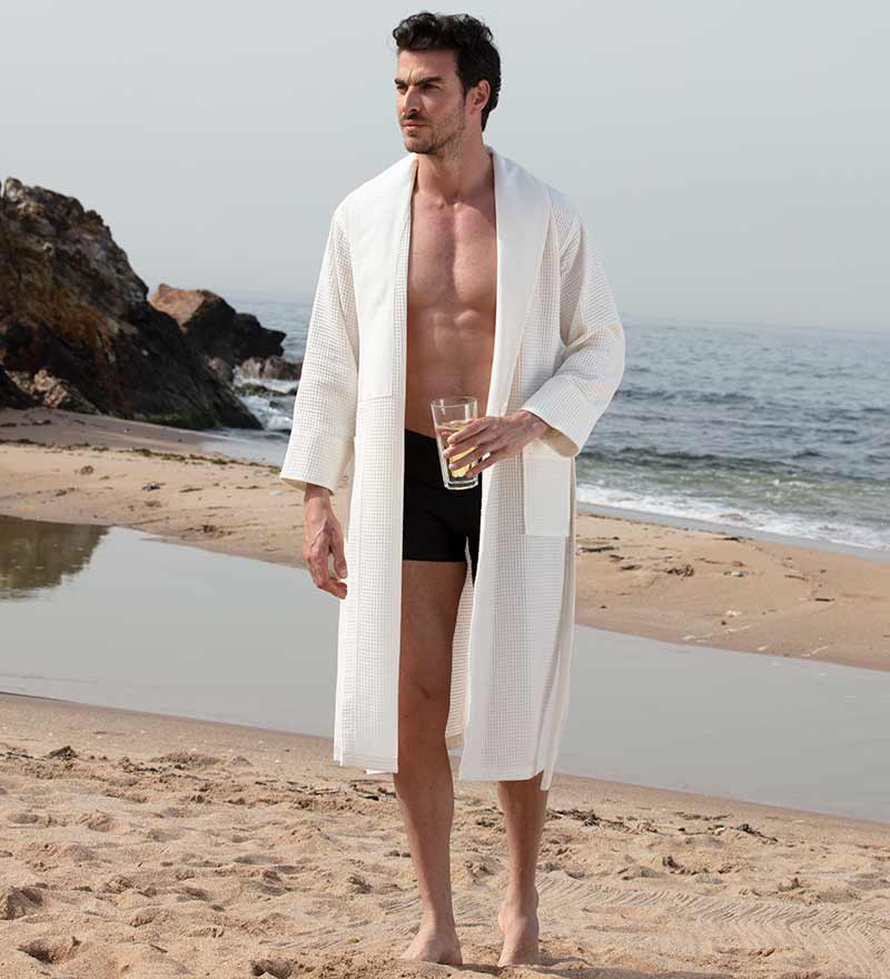 Men's Full Length Lightweight Waffle Spa Robe with Shawl Collar