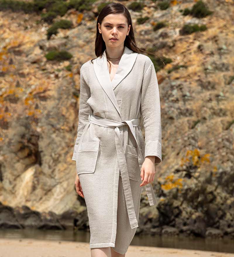 Women's Full Length Lightweight Waffle Spa Robe with Shawl Collar