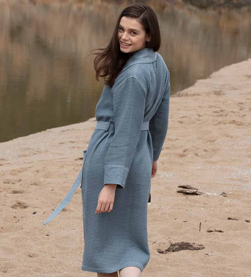 Women's Full Length Lightweight Waffle Spa Robe with Shawl Collar