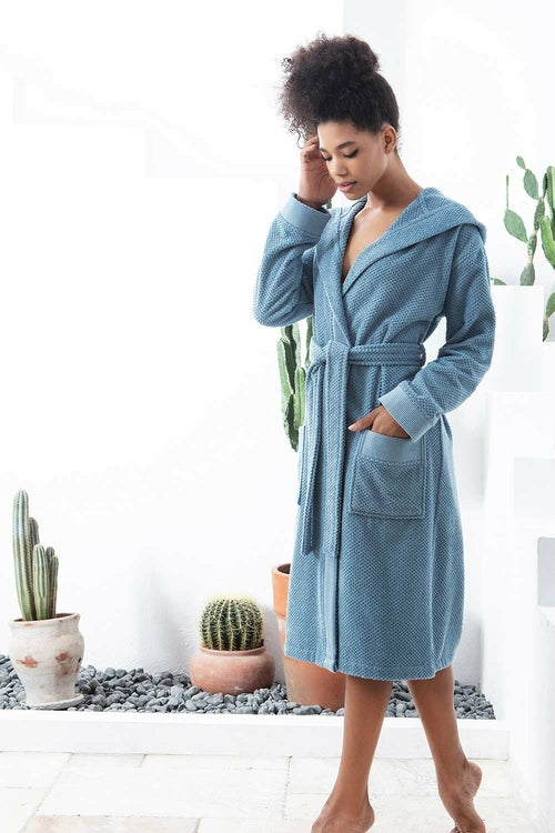 Women's Navy Blue Turkish Cotton Hooded Terry Bathrobe