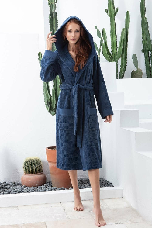 Women's Navy Blue Turkish Cotton Hooded Terry Bathrobe